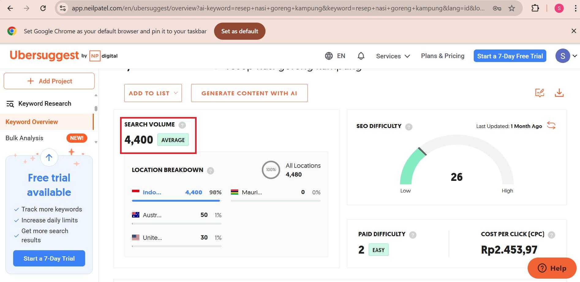 volume pencarian kata kunci “resep nasi goreng kampung” di Ubersuggest