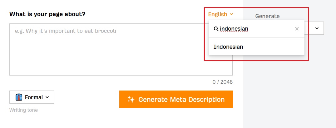 Mengatur bahasa meta description pada generator Ahrefs