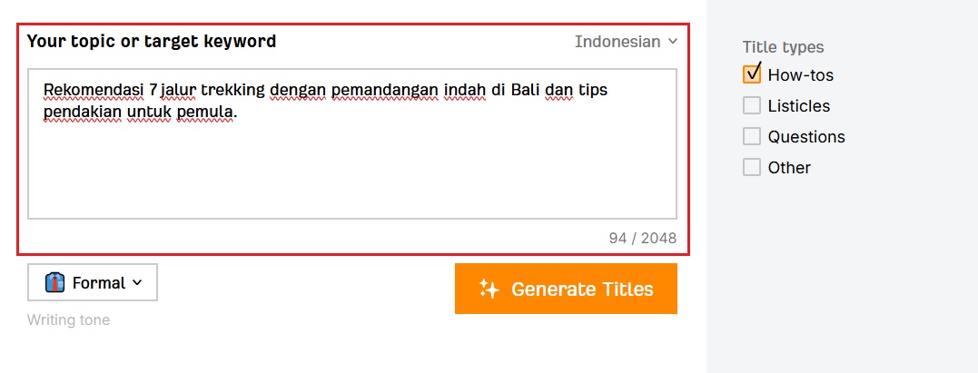 Mengisi keyword untuk meta title pada generator Ahrefs