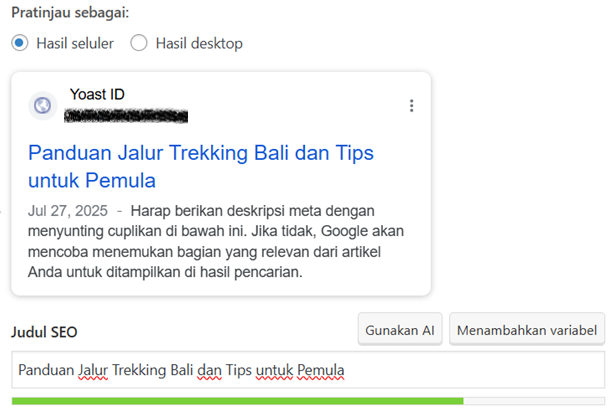 Pratinjau meta title pada plugin Yoast SEO