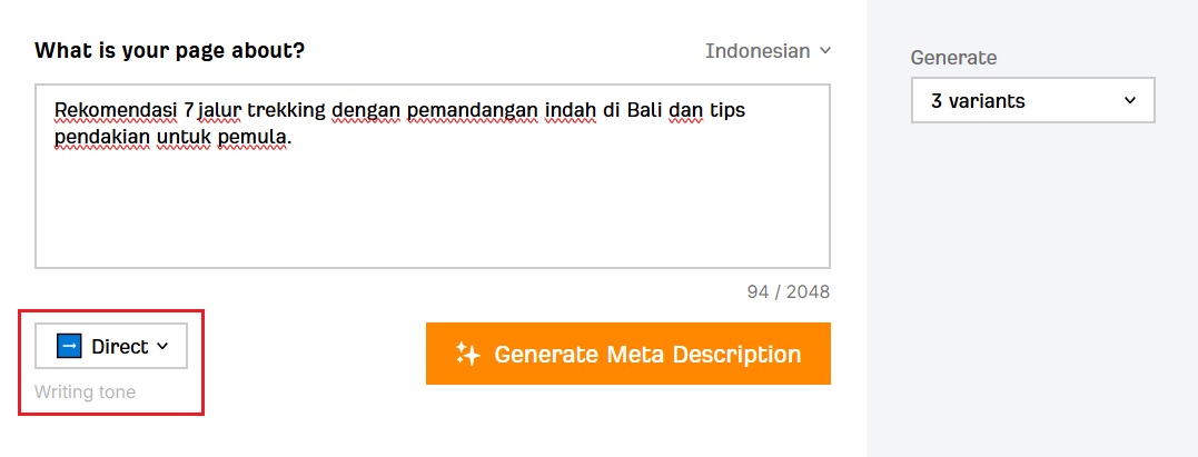 gaya penulisan meta description pada generator Ahrefs