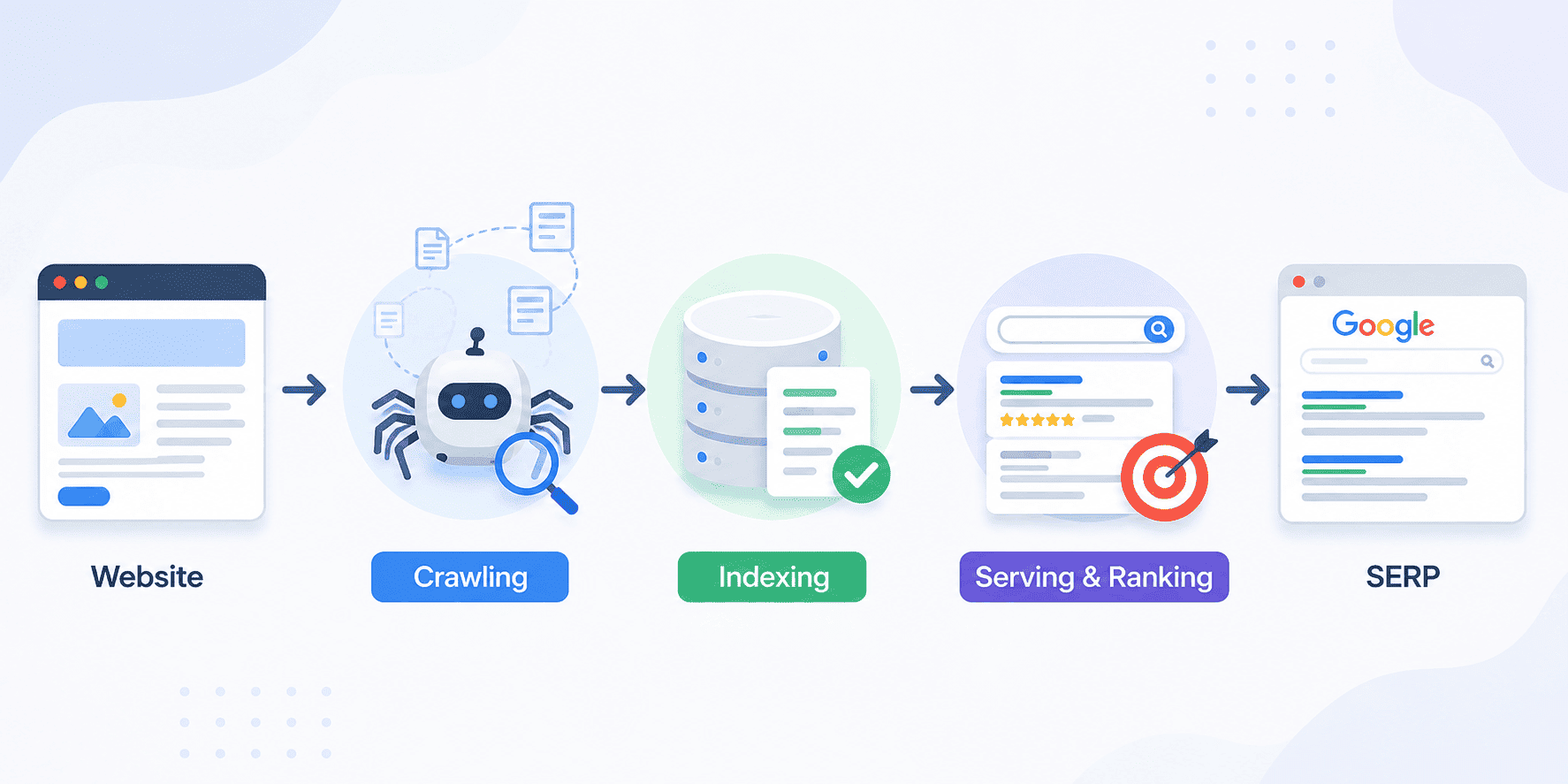 Crawling → Indexing → Serving & Ranking