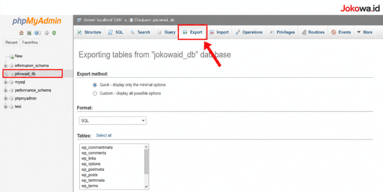 Cara backup melalui phpMyAdmin