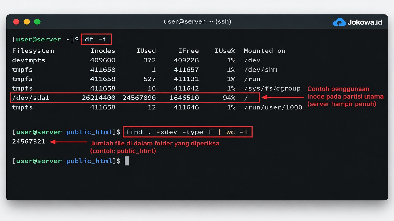 Menggunakan SSH untuk Mengecek Inode