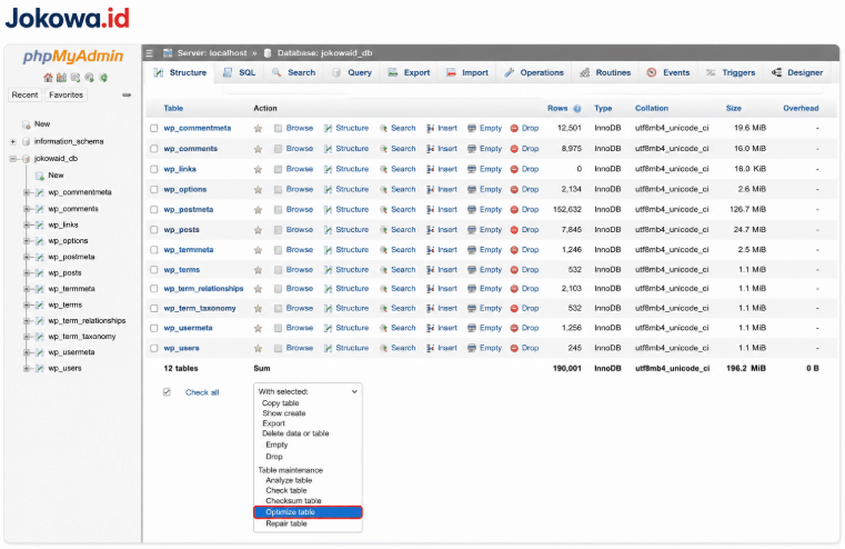 Optimize Table di phpMyAdmin
