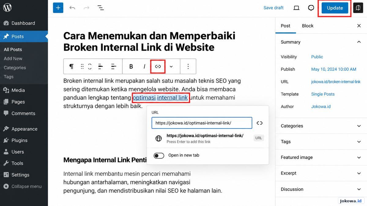 Edit tautan melalui editor WordPress