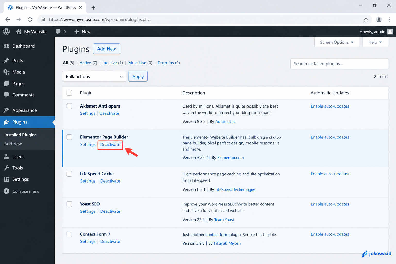 Nonaktifkan Plugin Satu per Satu