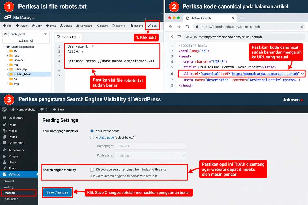 Periksa Canonical, Robots.txt, dan Noindex