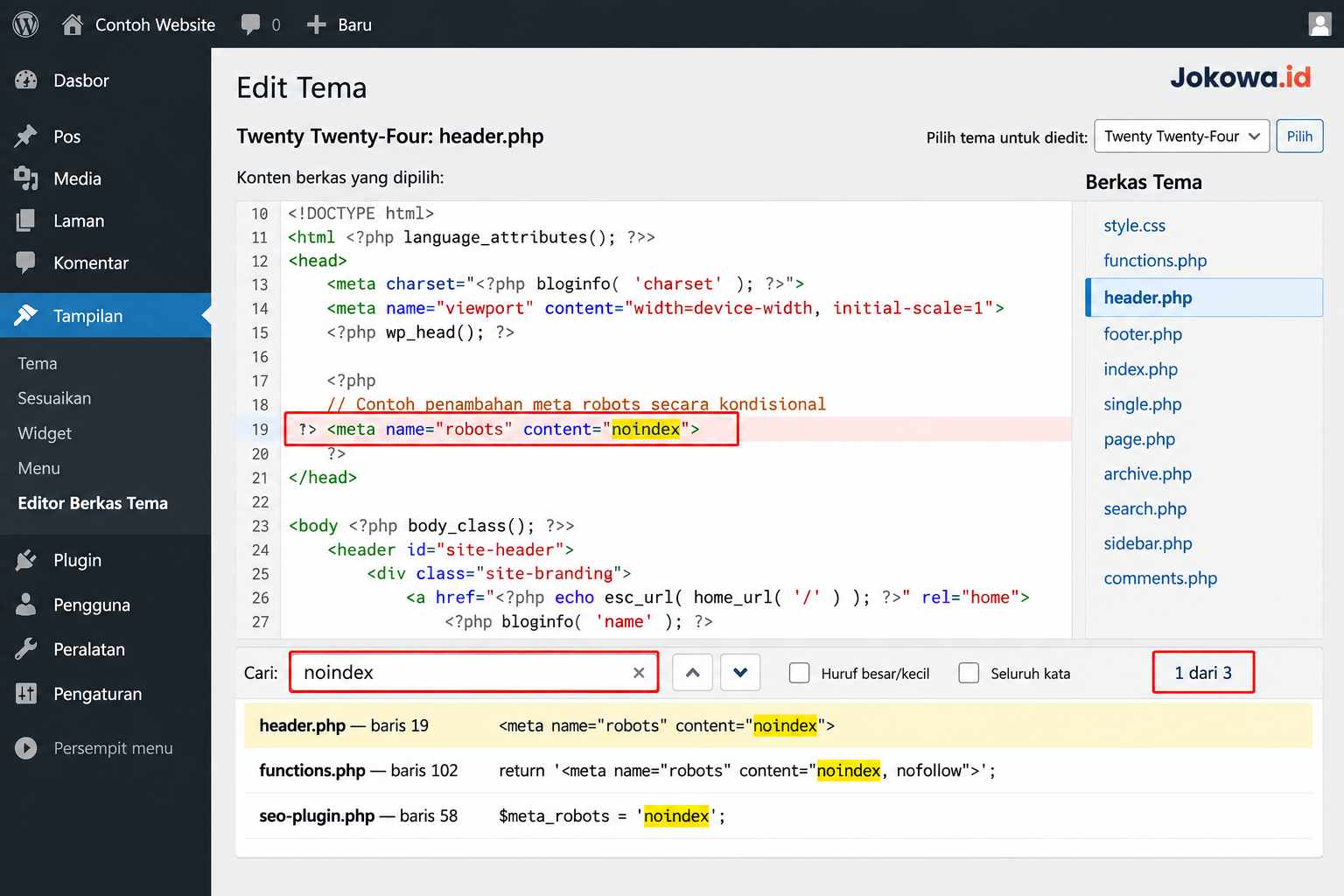 Periksa Tema, Plugin, dan Kode Tambahan