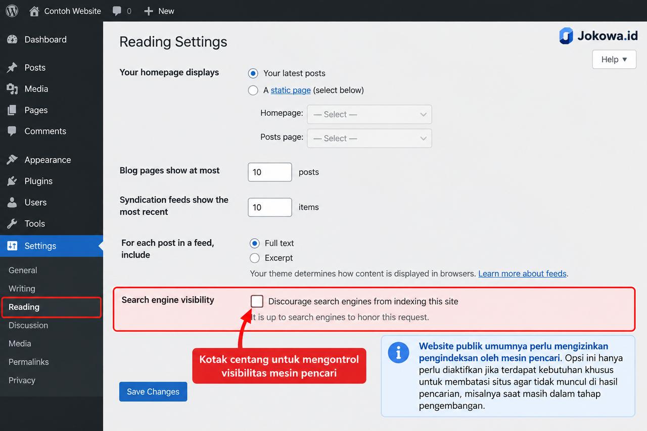 Periksa pengaturan Search Engine Visibility